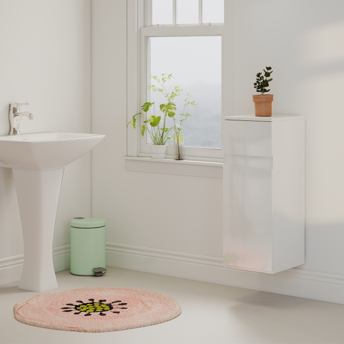  Dulap de Baie Suspendat cu Sertar si Usa Lucioasa, Raft Reglabil din Sticla Securizata, 30x34x79,4 cm, Alb Lucios [9]