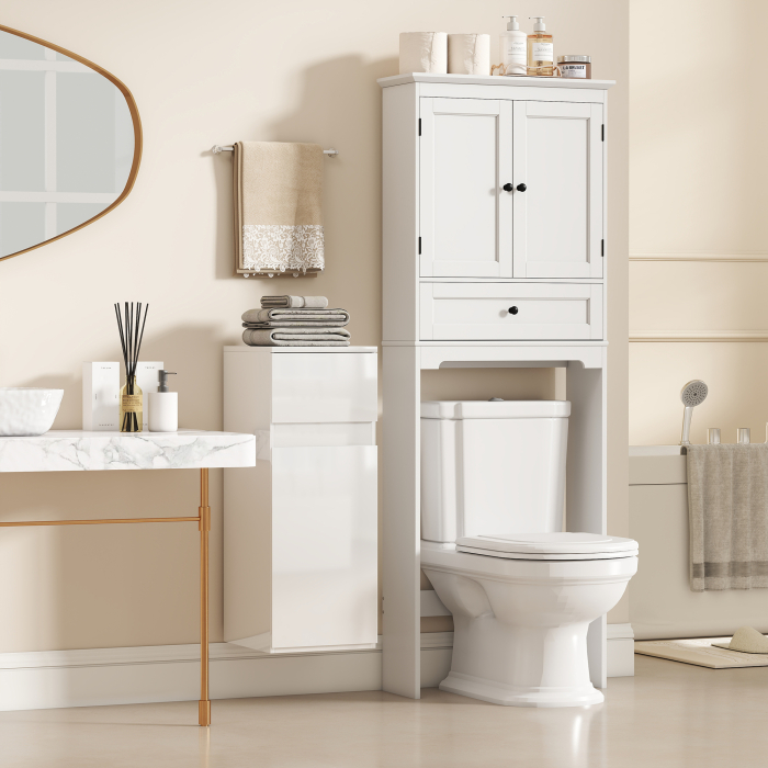  Dulap de Baie Suspendat cu Sertar si Usa Lucioasa, Raft Reglabil din Sticla Securizata, 30x34x79,4 cm, Alb Lucios [8]