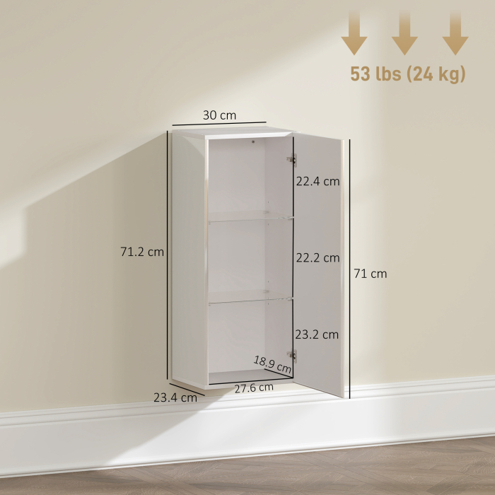  Dulap de Baie Suspendat cu Usa Fara Maner, 2 Rafturi Reglabile din Sticla, Mobilier Suspendat Multifunctional, 30x23,4x71,2 cm, Alb Lucios [3]