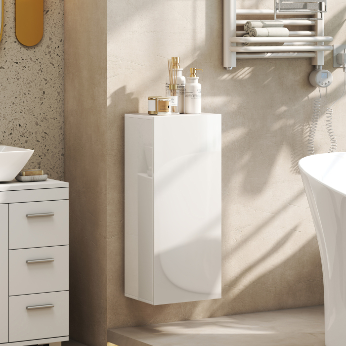  Dulap de Baie Suspendat cu Usa Fara Maner, 2 Rafturi Reglabile din Sticla, Mobilier Suspendat Multifunctional, 30x23,4x71,2 cm, Alb Lucios [2]