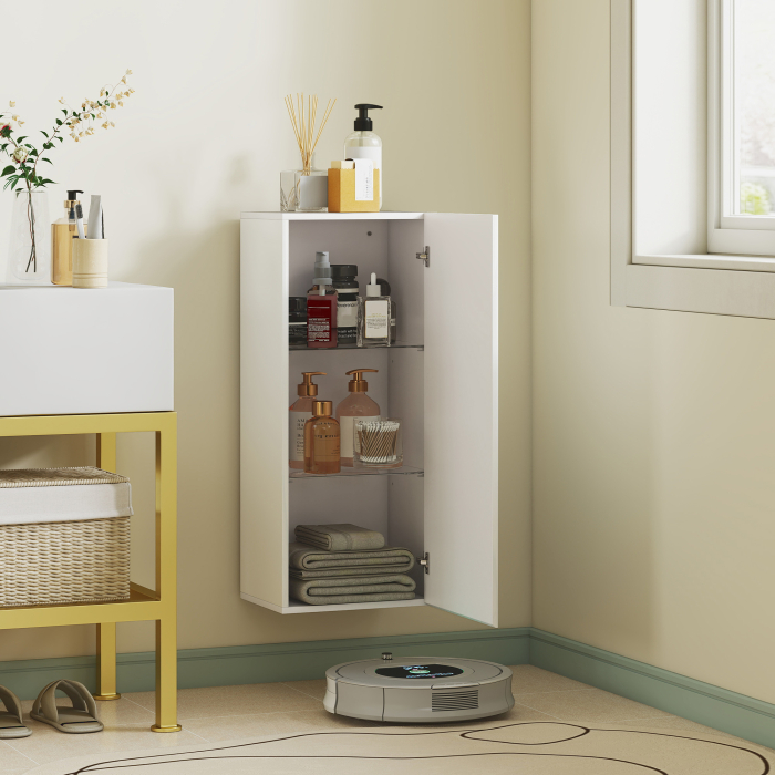  Dulap de Baie Suspendat cu Usa Fara Maner, 2 Rafturi Reglabile din Sticla, Mobilier Suspendat Multifunctional, 30x23,4x71,2 cm, Alb Lucios [7]