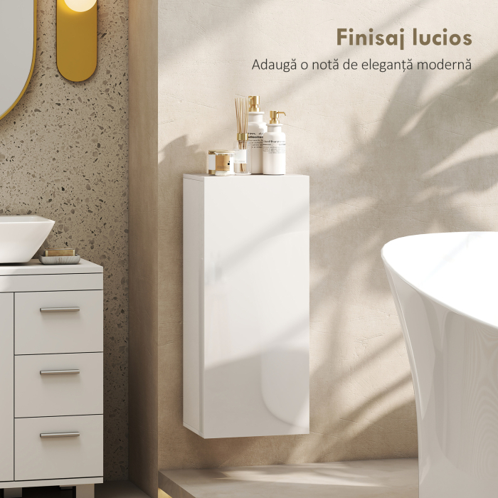  Dulap de Baie Suspendat cu Usa Fara Maner, 2 Rafturi Reglabile din Sticla, Mobilier Suspendat Multifunctional, 30x23,4x71,2 cm, Alb Lucios [5]