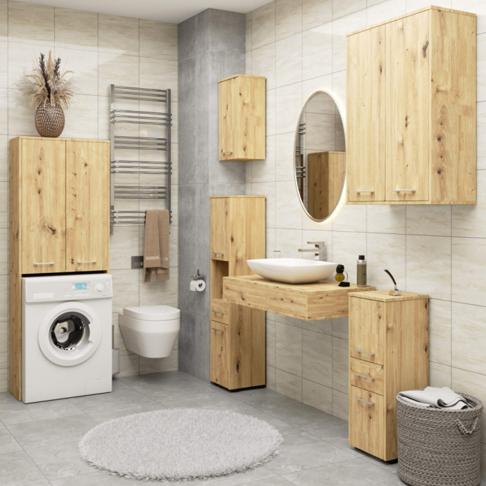 Dulap de baie tip baza, cu usa reversibila si raft interior, PAL 16 mm, 30x30x85 cm, stejar artisan [5]