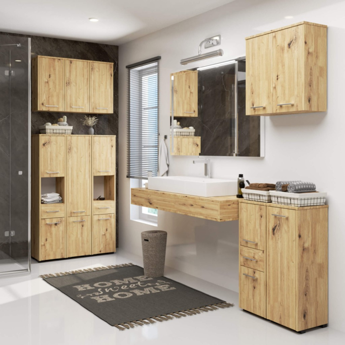 Dulap de baie tip baza, cu usa reversibila si raft interior, PAL 16 mm, 30x30x85 cm, stejar artisan [4]