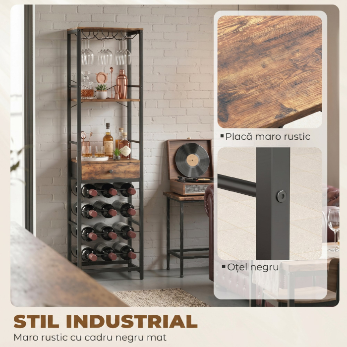  Dulap de Bar, Mobilier de Bar cu Sertar si Suport pentru Pahare, Maro Rustic [5]