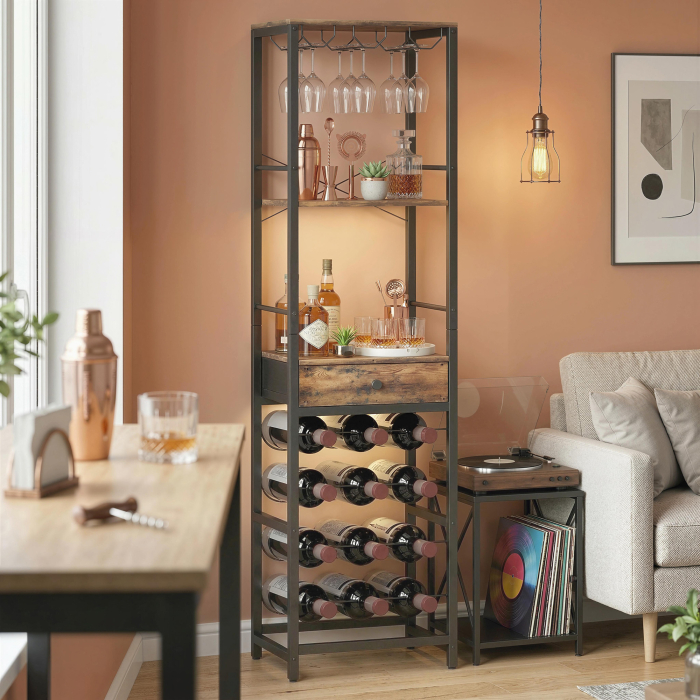  Dulap de Bar, Mobilier de Bar cu Sertar si Suport pentru Pahare, Maro Rustic [9]