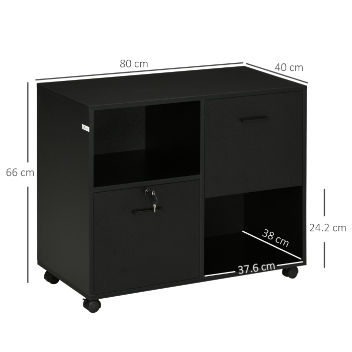  Dulap de Birou cu 2 Sertare pentru Dosare si Rafturi Deschise din PAL, Manere din Otel, Roti cu Blocare, 80x40x66cm, Negru [3]