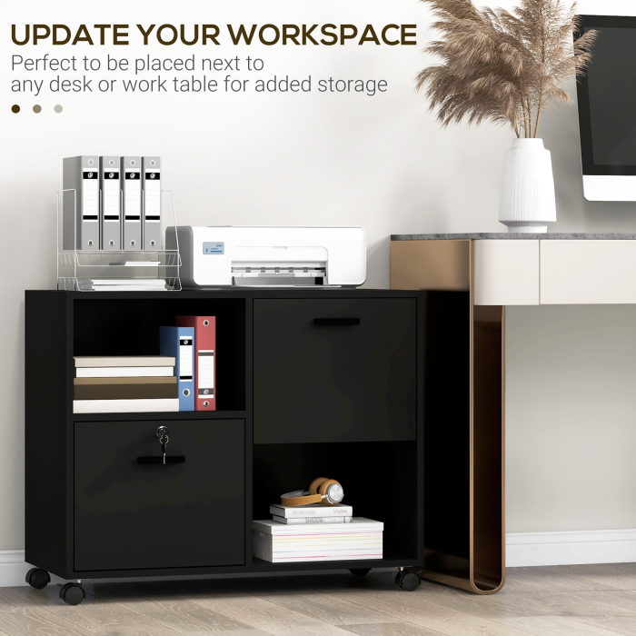  Dulap de Birou cu 2 Sertare pentru Dosare si Rafturi Deschise din PAL, Manere din Otel, Roti cu Blocare, 80x40x66cm, Negru [4]