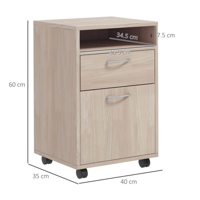  Dulap de Birou cu 4 Roti, Raft Deschis, 2 Sertare, Mobilier de Birou din Lemn si Metal, 40x35x60 cm, Lemn Natural [3]