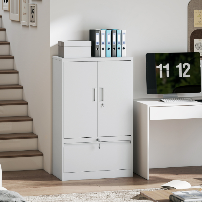  Dulap de Birou din Otel cu Raft Interior Reglabil si Sertar, 80x40x130 cm, Alb [2]