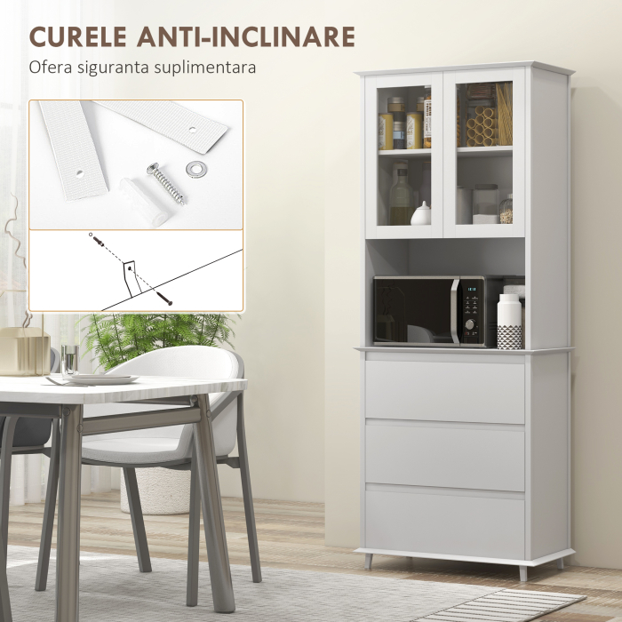  Dulap de Bucatarie inalt cu Dulap Superior pe 2 Niveluri si 3 Sertare, din MDF, 68x38x172 cm, Alb [7]