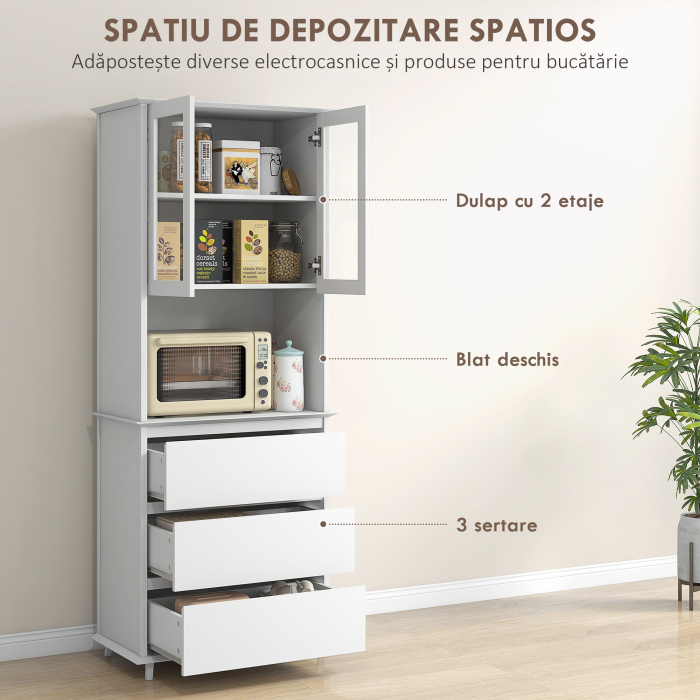  Dulap de Bucatarie inalt cu Dulap Superior pe 2 Niveluri si 3 Sertare, din MDF, 68x38x172 cm, Alb [4]