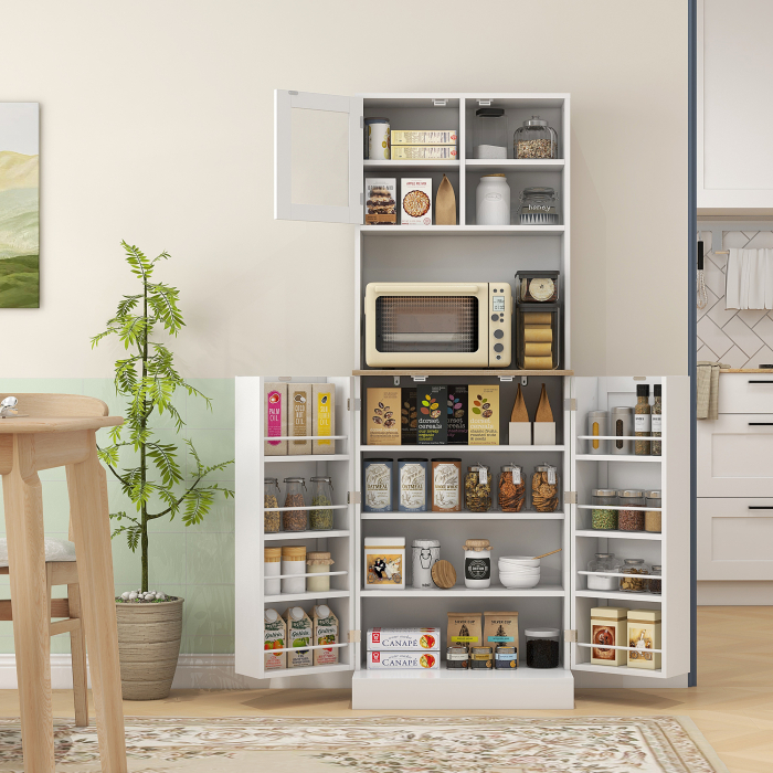  Dulap de Bucatarie pentru Cuptor cu Microunde cu Rafturi Deschise si Dulap cu Suport pentru Condimente, 60x35x169 cm, Alb [2]