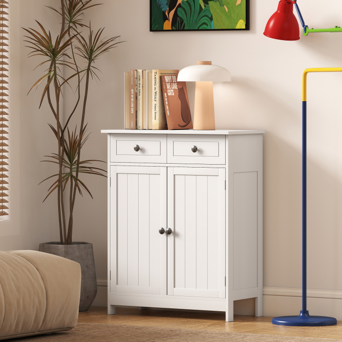  Dulap de Depozitare Organizator Independent pentru Baie de Podea cu 2 Usi, 2 Sertare si Raft Reglabil, Alb [8]