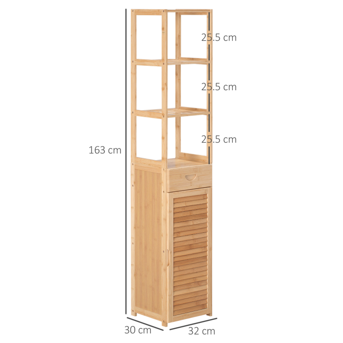  Dulap de depozitare pentru baie cu sertar si rafturi cu sipci, inalt, subtire, prosop de lenjerie de sine statator cu usa cu persiana, natural [3]