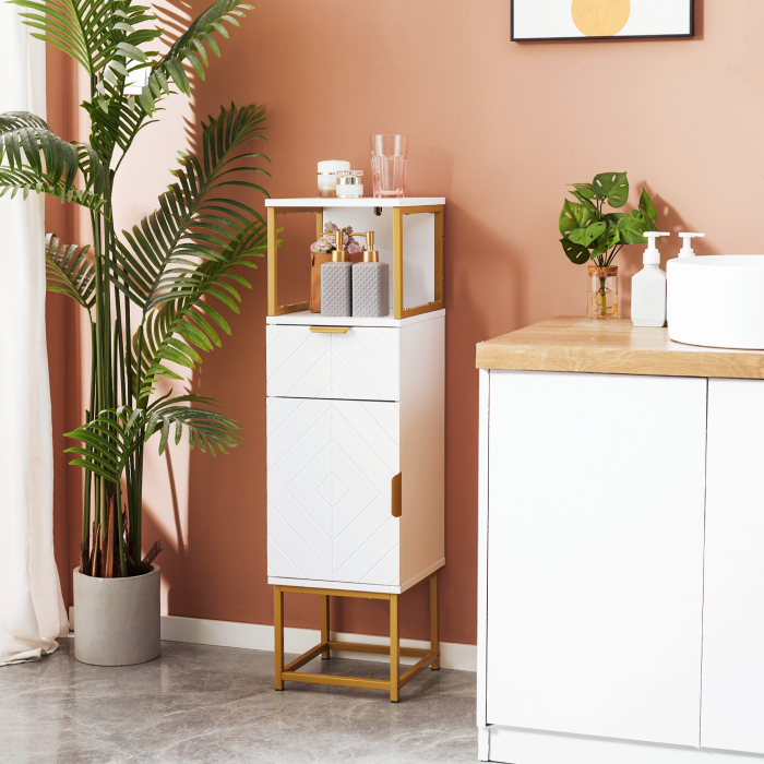  Dulap de Depozitare pentru Baie, Organizator de Baie pe Podea, Dulap de Lenjerie cu raft Deschis, Sertar si Dulap, Alb [2]