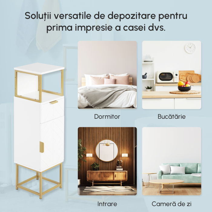  Dulap de Depozitare pentru Baie, Organizator de Baie pe Podea, Dulap de Lenjerie cu raft Deschis, Sertar si Dulap, Alb [7]