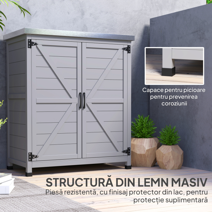  - Dulap de Depozitare pentru Exterior, Cutie de Depozitare din Lemn cu Blat Metalic si Rafturi, Banc de Lucru pentru Gradina cu Usi Duble, Gri [7]