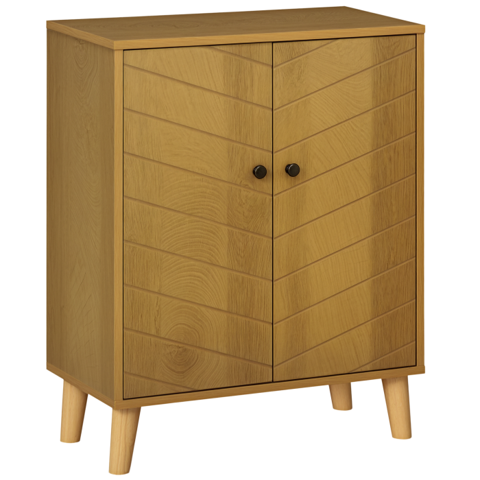 Dulap de depozitare vintage  cu usi chevron duble si picioare din lemn de pin, dulap lateral pentru living, bucatarie, dormitor, efect de lemn natural [1]