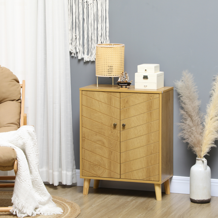 Dulap de depozitare vintage  cu usi chevron duble si picioare din lemn de pin, dulap lateral pentru living, bucatarie, dormitor, efect de lemn natural [2]