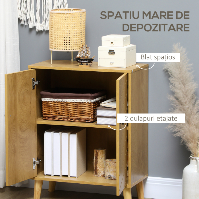 Dulap de depozitare vintage  cu usi chevron duble si picioare din lemn de pin, dulap lateral pentru living, bucatarie, dormitor, efect de lemn natural [4]
