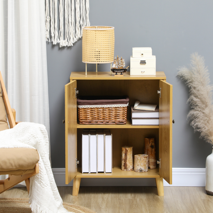 Dulap de depozitare vintage  cu usi chevron duble si picioare din lemn de pin, dulap lateral pentru living, bucatarie, dormitor, efect de lemn natural [7]