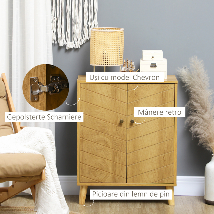 Dulap de depozitare vintage  cu usi chevron duble si picioare din lemn de pin, dulap lateral pentru living, bucatarie, dormitor, efect de lemn natural [6]