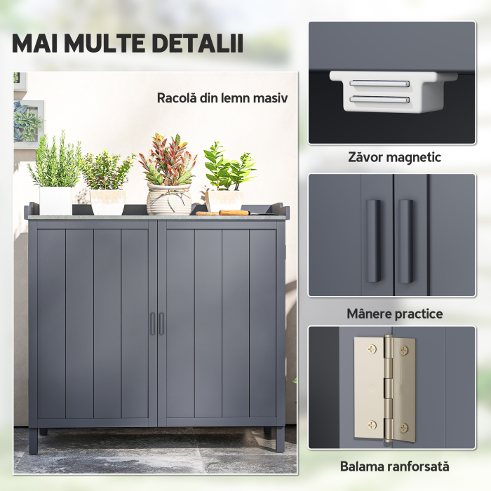  Dulap de Exterior din Lemn cu Suprafata din Metal si 2 Rafturi pentru Unelte, 98x48x95,5 cm, Gri [6]