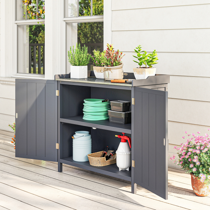  Dulap de Exterior din Lemn cu Suprafata din Metal si 2 Rafturi pentru Unelte, 98x48x95,5 cm, Gri [7]