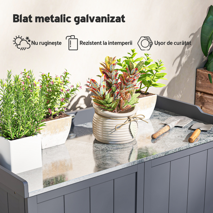  Dulap de Exterior din Lemn cu Suprafata din Metal si 2 Rafturi pentru Unelte, 98x48x95,5 cm, Gri [5]