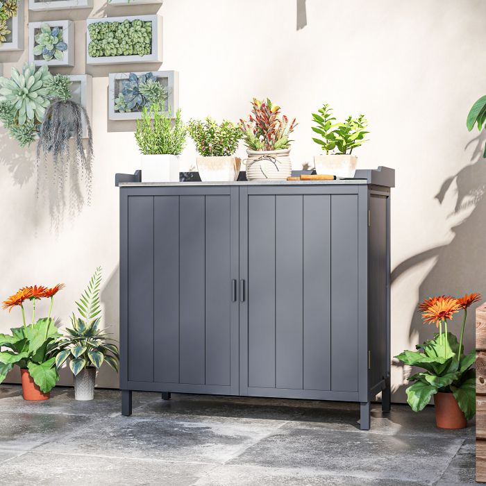  Dulap de Exterior din Lemn cu Suprafata din Metal si 2 Rafturi pentru Unelte, 98x48x95,5 cm, Gri [8]