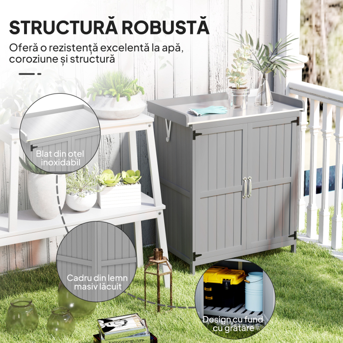  Dulap de Gradina din Lemn de Brad, Casuta pentru Depozitare Unelte de Exterior cu 2 Usi Blocabile, Blat Metalic si Raft, pentru Gradina, Terasa, Curte, 74x43x88 cm, Gri [7]