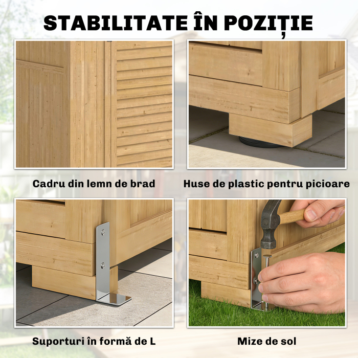  Dulap de Gradina din Lemn de Brad cu Rafturi si Ferestre din Acril, Casuta Depozitare Unelte Exterioare cu Acoperis Asfaltat, Usi Blocabile, 128x57.5x197 cm, Maro Deschis [7]