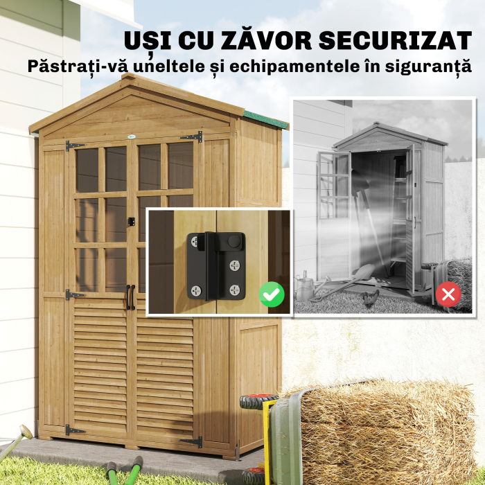  Dulap de Gradina din Lemn de Brad cu Rafturi si Ferestre din Acril, Casuta Depozitare Unelte Exterioare cu Acoperis Asfaltat, Usi Blocabile, 128x57.5x197 cm, Maro Deschis [8]
