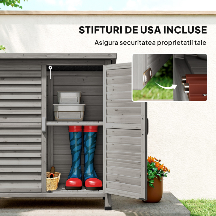  Dulap de Gradina din Lemn de Brad cu Usi cu Obloane si 2 Polite, 87x46,5x96,5cm, Gri [6]