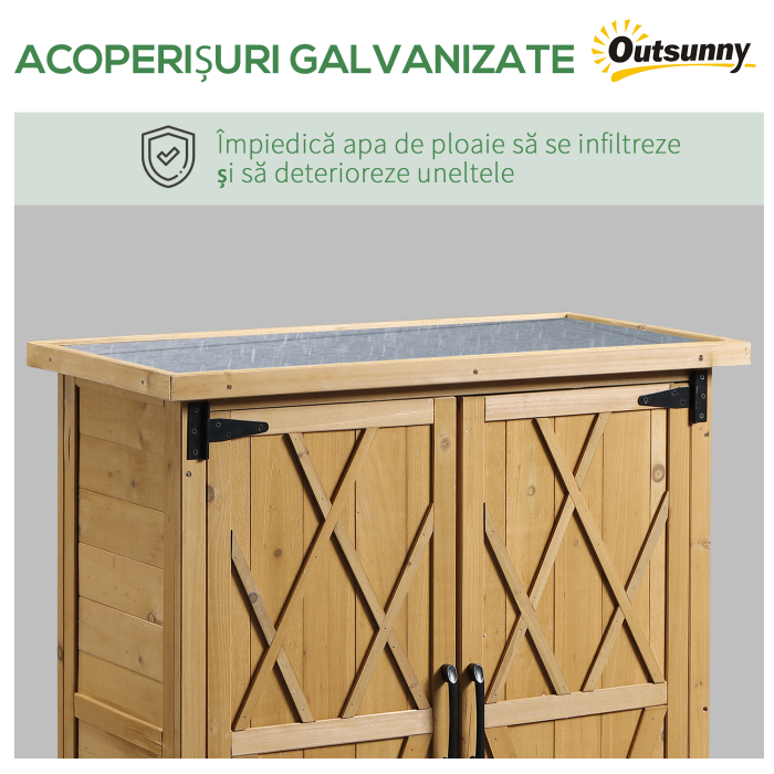  Dulap de Gradina pentru Unelte din Lemn cu 2 Usi si 4 Rafturi, Blat din Metal, 75x40x90 cm [5]