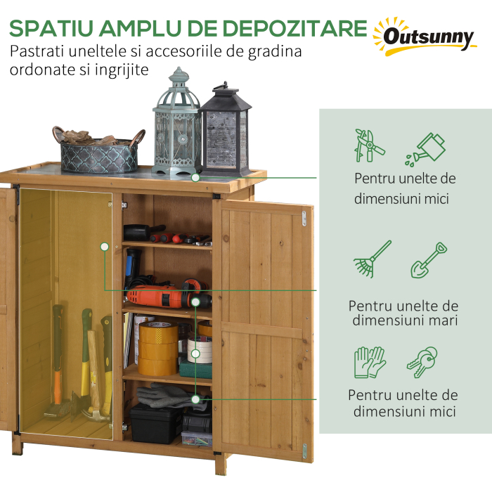  Dulap de Gradina pentru Unelte din Lemn cu 2 Usi si 4 Rafturi, Blat din Metal, 75x40x90 cm [4]