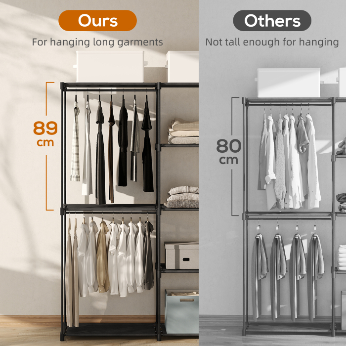  Dulap de Haine cu 2 Bare si 4 Rafturi, din Material Non-tesut, Plastic si Otel, 142x43x185 cm, Negru [4]