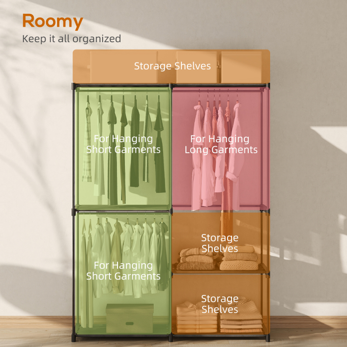  Dulap de Haine cu 2 Bare si 4 Rafturi, din Material Non-tesut, Plastic si Otel, 142x43x185 cm, Negru [5]