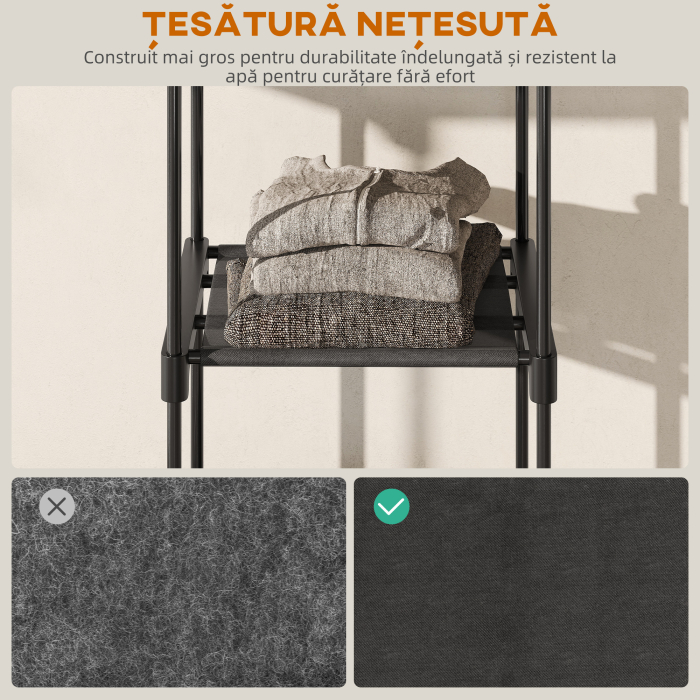  Dulap de Haine Portabil cu 2 Bare si 6 Rafturi, Dulap din Material Textil Non-tesut, Plastic si Otel, 111x43x185 cm, Negru [6]