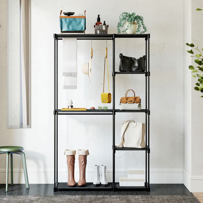  Dulap de Haine Portabil cu 2 Bare si 6 Rafturi, Dulap din Material Textil Non-tesut, Plastic si Otel, 111x43x185 cm, Negru [8]