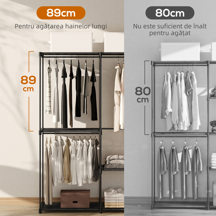  Dulap de Haine Portabil cu 2 Bare si 6 Rafturi, Dulap din Material Textil Non-tesut, Plastic si Otel, 111x43x185 cm, Negru [4]