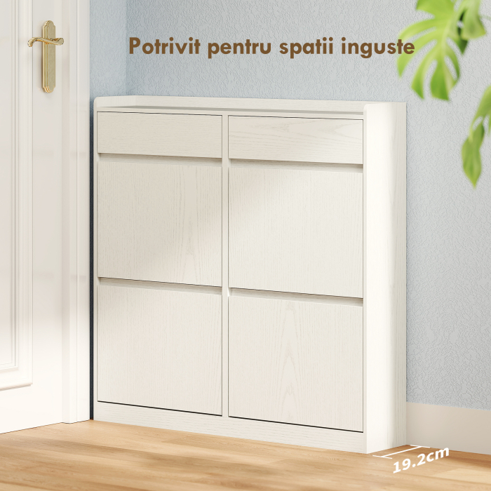  Dulap de Pantofi Slim din Lemn cu 4 Sertare Rabatabile si 2 Sertare Glisante, 98x19,2x95,3 cm, Alb [4]