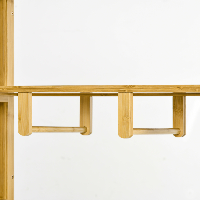  Dulap Deschis din Bambus cu 2 Usi Glisante, Rafturi Deschise si Bara pentru Umerase, 145x35x165cm [9]