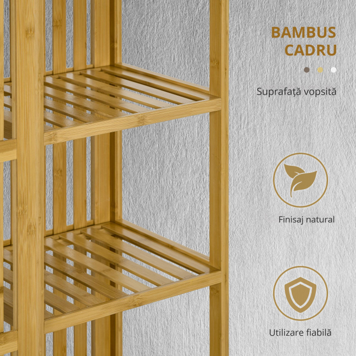  Dulap Deschis din Bambus cu 2 Usi Glisante, Rafturi Deschise si Bara pentru Umerase, 145x35x165cm [4]