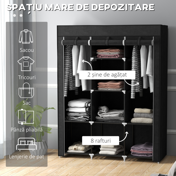  Dulap din Material Textil cu Baza inaltata, 8 Rafturi si 2 Bare, 125x43x162.5 cm, Gri inchis [4]