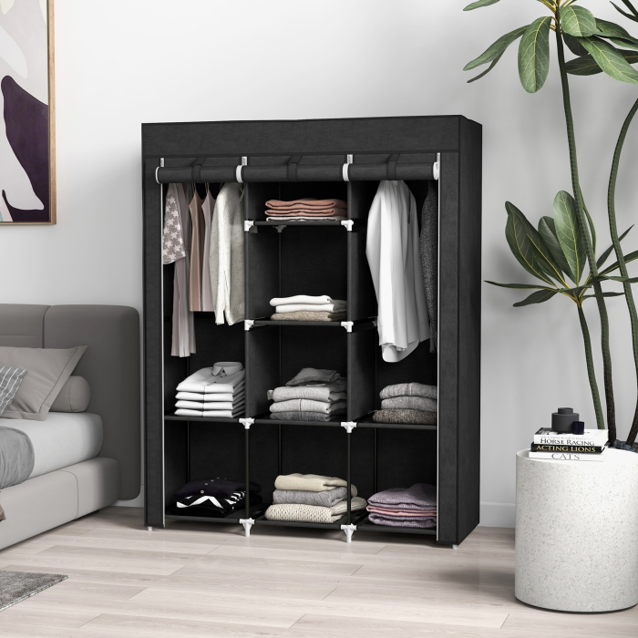  Dulap din Material Textil cu Baza inaltata, 8 Rafturi si 2 Bare, 125x43x162.5 cm, Gri inchis [2]