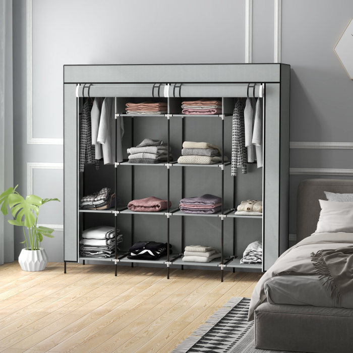  Dulap din Material Textil si Otel cu 10 Compartimente, 4 Sertare si Usi cu Fermoar, Gri [6]