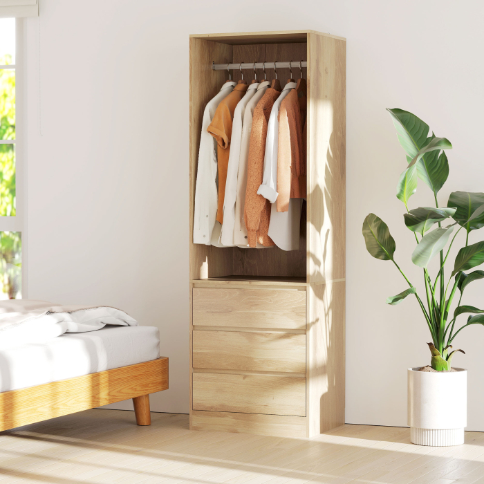  Dulap Garderoba cu Bara pentru Umerase, Raft Deschis si 3 Sertare, din Lemn, 60x48,5x185 cm, culoare Teak [9]