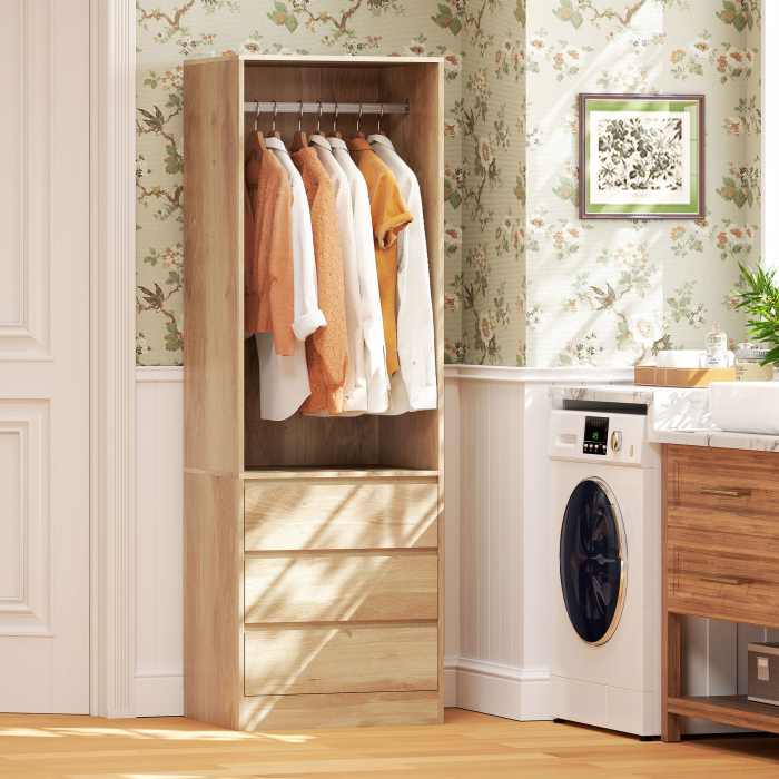  Dulap Garderoba cu Bara pentru Umerase, Raft Deschis si 3 Sertare, din Lemn, 60x48,5x185 cm, culoare Teak [7]